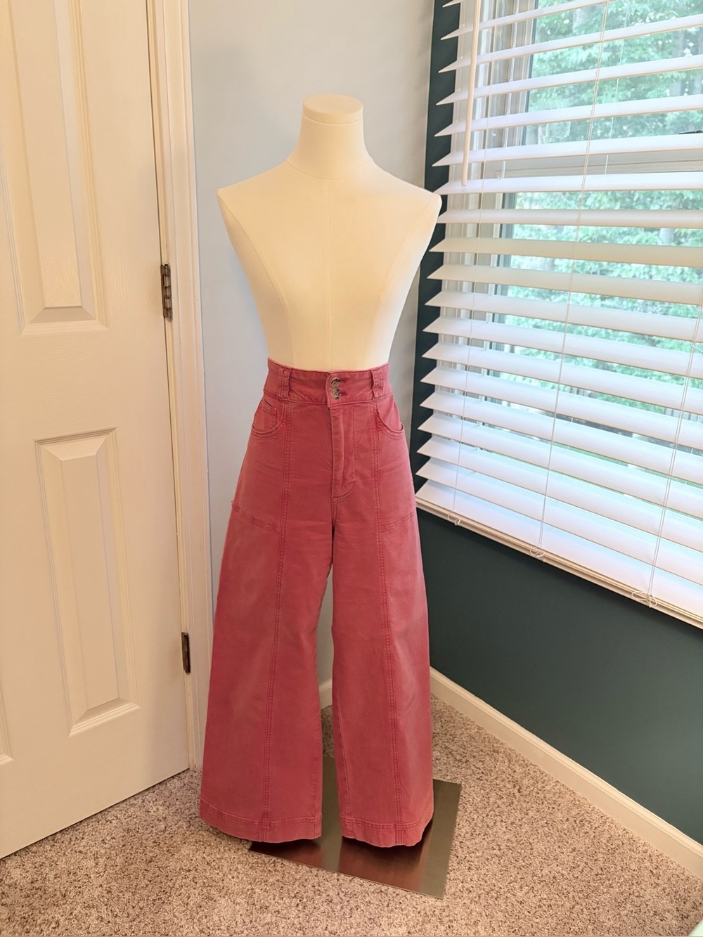 Anthropology Pilcro Wide-Leg High Rise Pants in Distressed Coral.